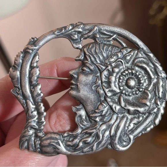 Antique Art Nouveau Art Deco Silver Lady Face Victorian Brooch Fairycore - Picture 7 of 15